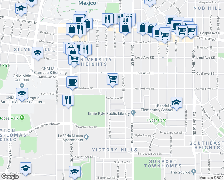 map of restaurants, bars, coffee shops, grocery stores, and more near 510 Princeton Drive Southeast in Albuquerque