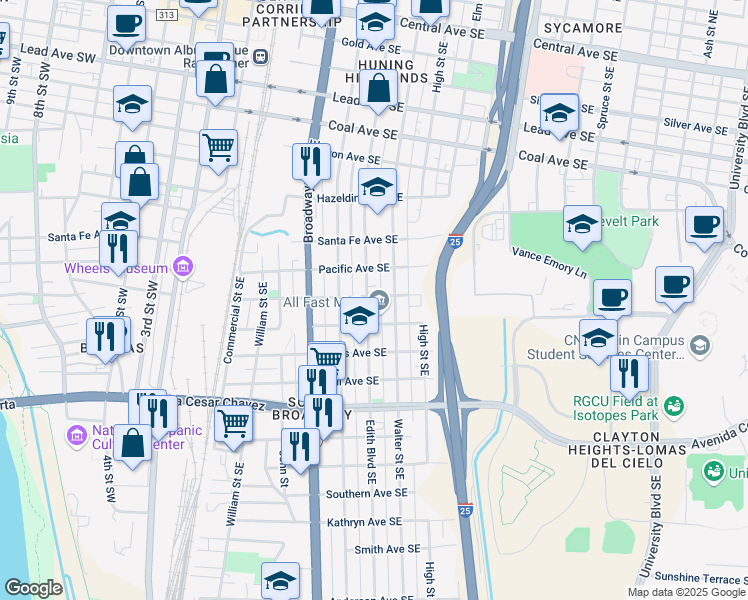 map of restaurants, bars, coffee shops, grocery stores, and more near 1020 Edith Boulevard Southeast in Albuquerque
