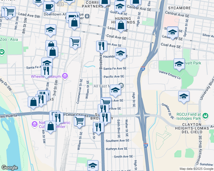 map of restaurants, bars, coffee shops, grocery stores, and more near 1012 Broadway Boulevard Southeast in Albuquerque