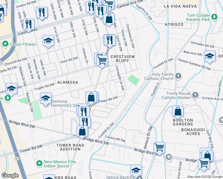 map of restaurants, bars, coffee shops, grocery stores, and more near 804 City View Drive Southwest in Albuquerque