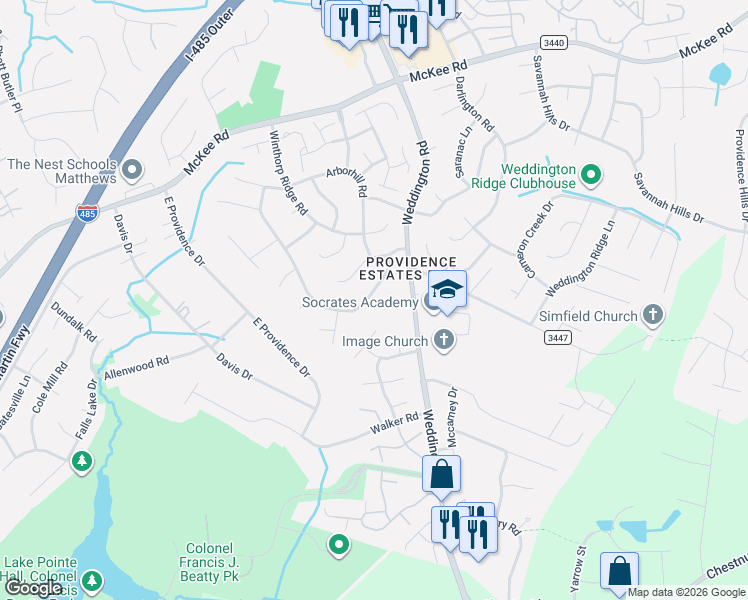 map of restaurants, bars, coffee shops, grocery stores, and more near 3926 Manor House Drive in Charlotte