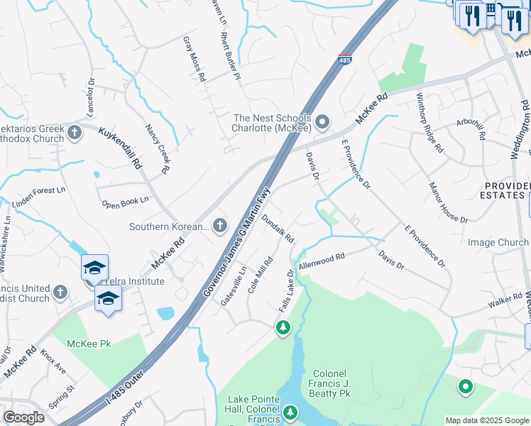 map of restaurants, bars, coffee shops, grocery stores, and more near 1908 Dundalk Road in Charlotte
