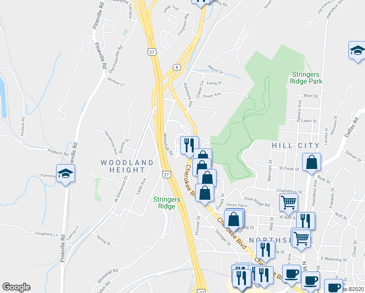 map of restaurants, bars, coffee shops, grocery stores, and more near 168 Whitehall Road in Chattanooga