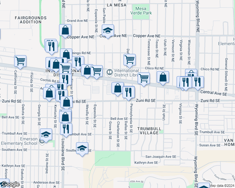 map of restaurants, bars, coffee shops, grocery stores, and more near 134 Charleston Street Southeast in Albuquerque