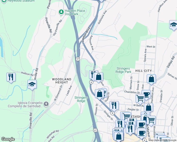map of restaurants, bars, coffee shops, grocery stores, and more near 168 Whitehall Road in Chattanooga