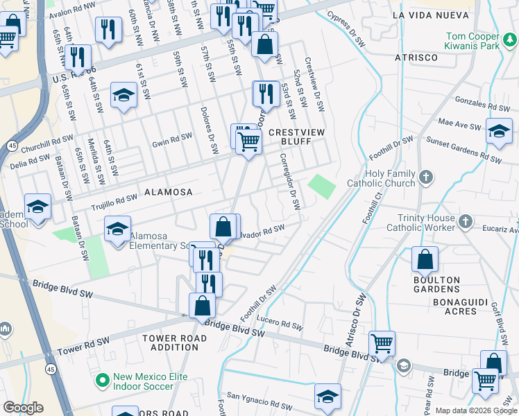 map of restaurants, bars, coffee shops, grocery stores, and more near 804 City View Drive Southwest in Albuquerque