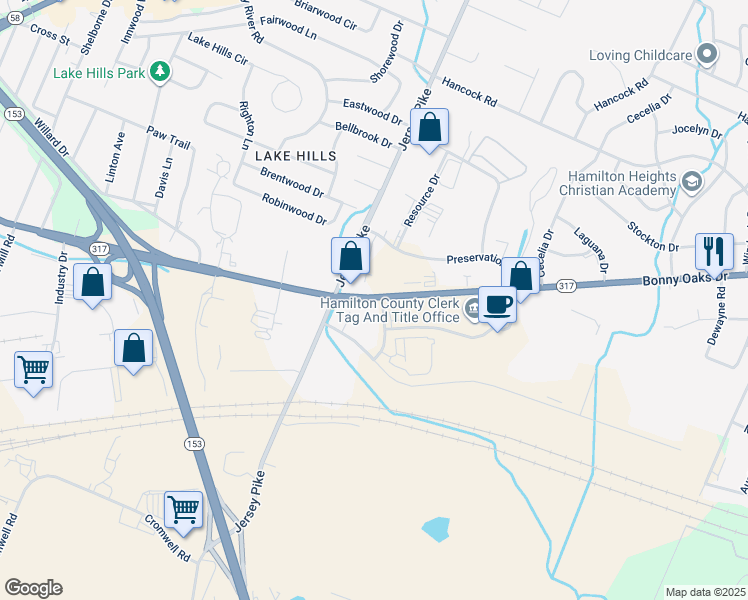 map of restaurants, bars, coffee shops, grocery stores, and more near 5114 Bonny Oaks Drive in Chattanooga