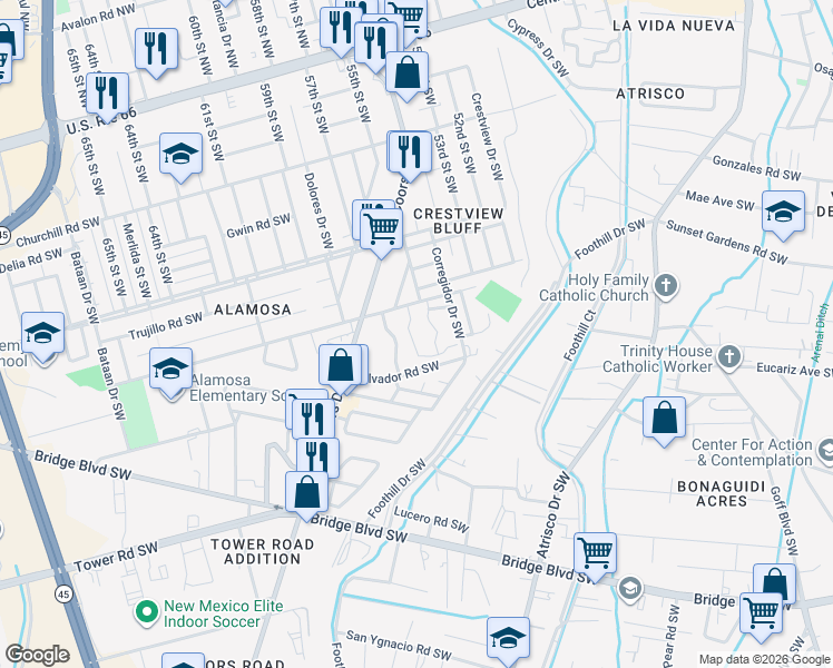 map of restaurants, bars, coffee shops, grocery stores, and more near 804 City View Drive Southwest in Albuquerque