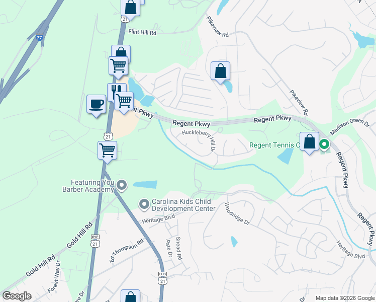 map of restaurants, bars, coffee shops, grocery stores, and more near 2868 Huckleberry Hill Drive in Fort Mill