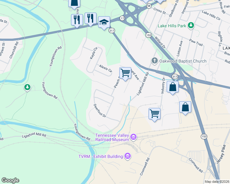 map of restaurants, bars, coffee shops, grocery stores, and more near 3800 Peach Street in Chattanooga