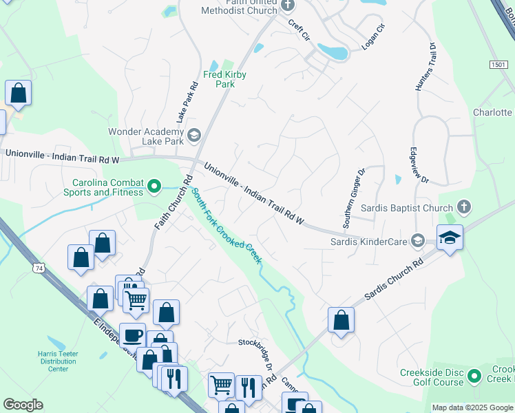 map of restaurants, bars, coffee shops, grocery stores, and more near 3208 Fairington Drive in Indian Trail