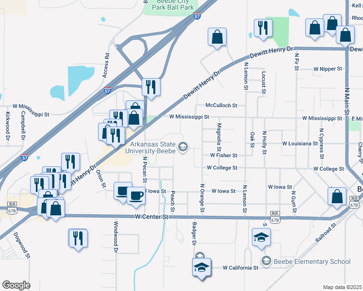 map of restaurants, bars, coffee shops, grocery stores, and more near 1000 West Iowa Street in Beebe
