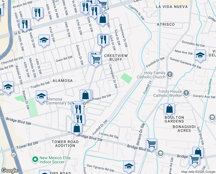 map of restaurants, bars, coffee shops, grocery stores, and more near 804 City View Drive Southwest in Albuquerque