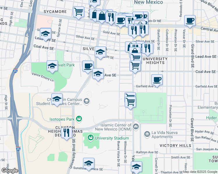 map of restaurants, bars, coffee shops, grocery stores, and more near 835 Buena Vista Drive Southeast in Albuquerque