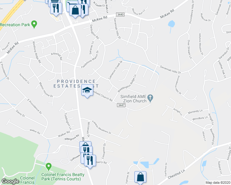 map of restaurants, bars, coffee shops, grocery stores, and more near 3714 Weddington Ridge Lane in Matthews