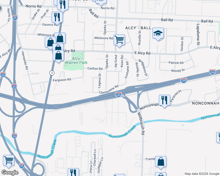 map of restaurants, bars, coffee shops, grocery stores, and more near 2630 Sparks Street in Memphis