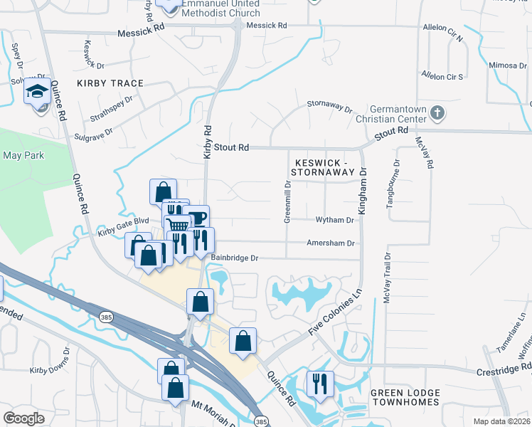 map of restaurants, bars, coffee shops, grocery stores, and more near 2777 Greenmill Drive in Memphis
