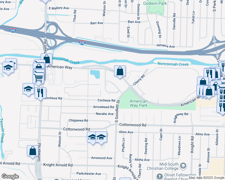 map of restaurants, bars, coffee shops, grocery stores, and more near 2760 Colony Park Drive in Memphis