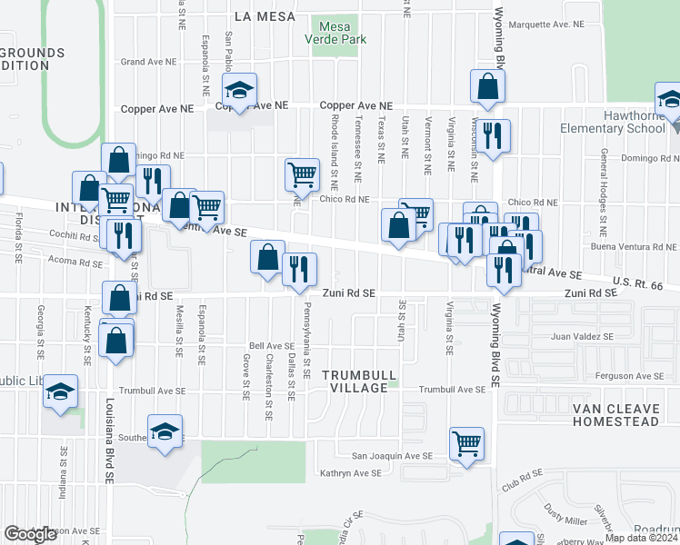 map of restaurants, bars, coffee shops, grocery stores, and more near 7915 Zuni Road Southeast in Albuquerque