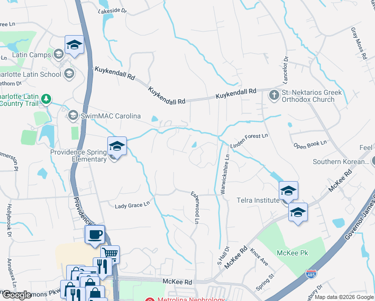 map of restaurants, bars, coffee shops, grocery stores, and more near 5216 Loma Linda Lane in Charlotte