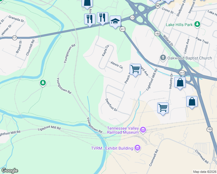 map of restaurants, bars, coffee shops, grocery stores, and more near 3834 Deerfoot Drive in Chattanooga