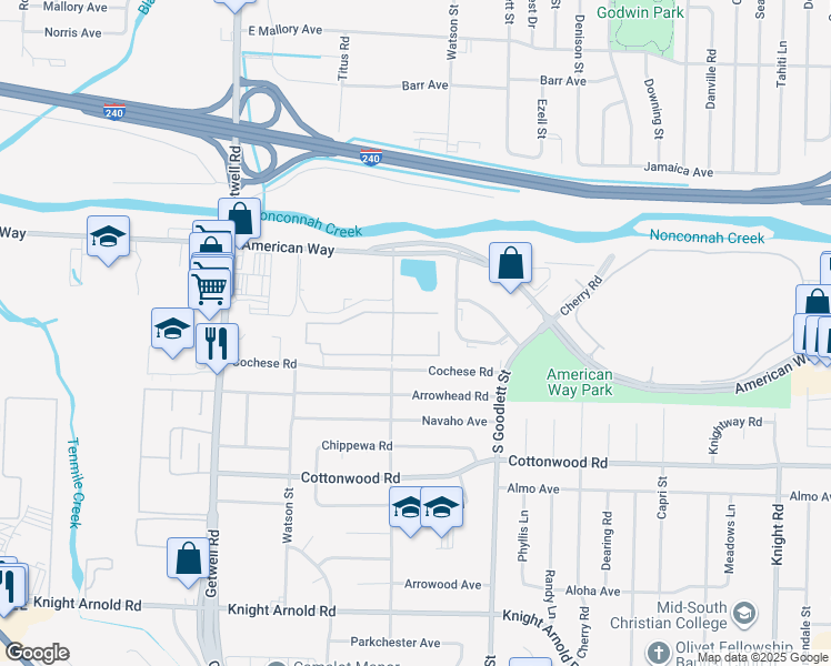 map of restaurants, bars, coffee shops, grocery stores, and more near 4160 Cochese Road in Memphis
