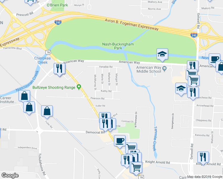 map of restaurants, bars, coffee shops, grocery stores, and more near 3569 Kathy Road in Memphis