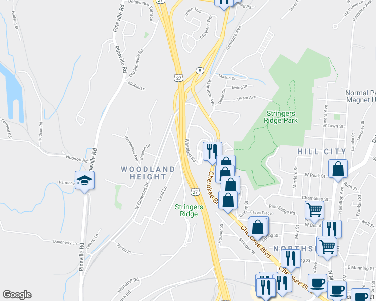 map of restaurants, bars, coffee shops, grocery stores, and more near 908 Whitehall Road in Chattanooga