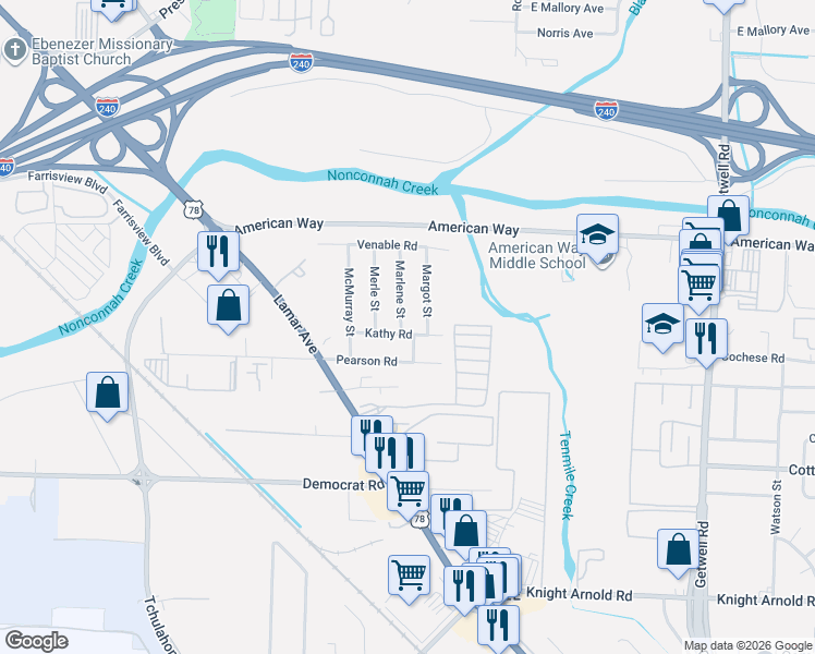 map of restaurants, bars, coffee shops, grocery stores, and more near 3569 Kathy Road in Memphis