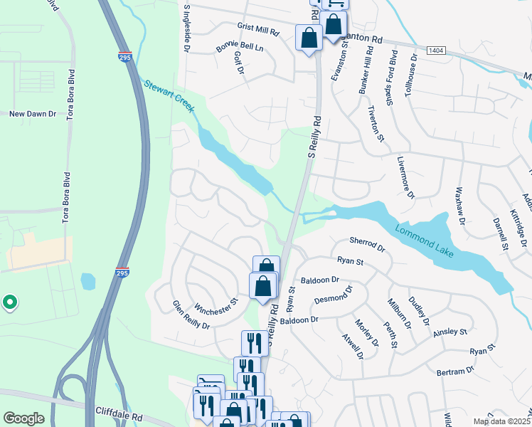 map of restaurants, bars, coffee shops, grocery stores, and more near 6716 Willowbrook Drive in Fayetteville