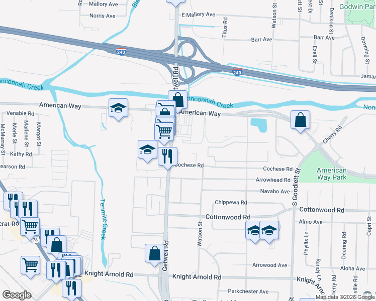 map of restaurants, bars, coffee shops, grocery stores, and more near 2755 Cochese Cove in Memphis