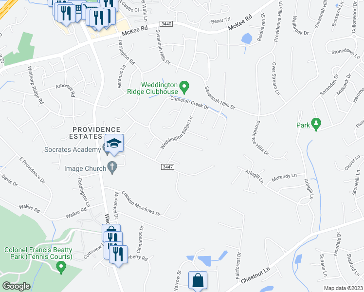 map of restaurants, bars, coffee shops, grocery stores, and more near 4118 Nathaniel Glen Court in Matthews