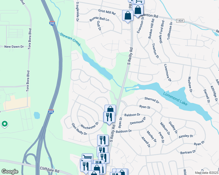 map of restaurants, bars, coffee shops, grocery stores, and more near 6716 Willowbrook Drive in Fayetteville