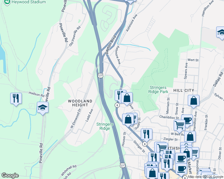 map of restaurants, bars, coffee shops, grocery stores, and more near 168 Whitehall Road in Chattanooga