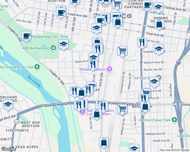 map of restaurants, bars, coffee shops, grocery stores, and more near 1200 4th Street Southwest in Albuquerque