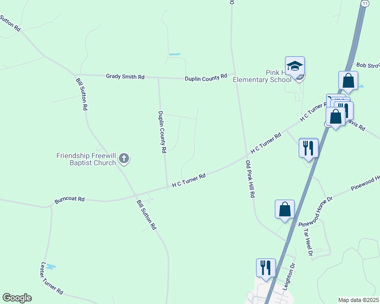 map of restaurants, bars, coffee shops, grocery stores, and more near 4446 Lauradale Drive in Pink Hill