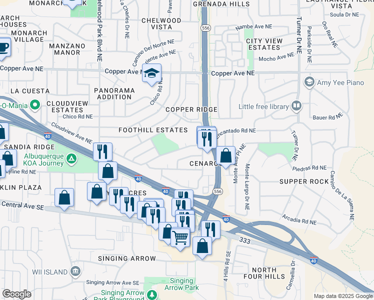 map of restaurants, bars, coffee shops, grocery stores, and more near 13410 Canyonview Place Northeast in Albuquerque
