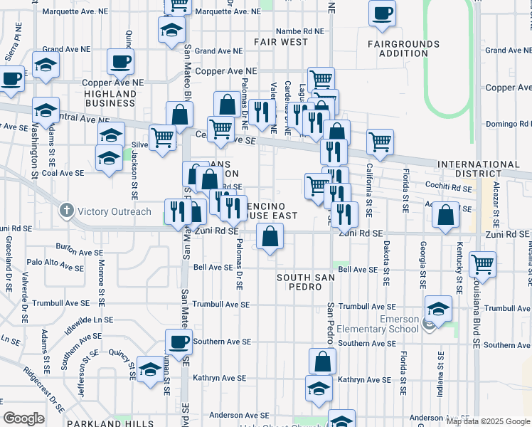 map of restaurants, bars, coffee shops, grocery stores, and more near 5812 Zuni Road Southeast in Albuquerque