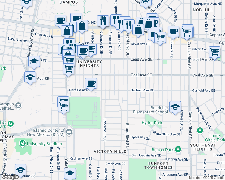 map of restaurants, bars, coffee shops, grocery stores, and more near 510 Princeton Drive Southeast in Albuquerque