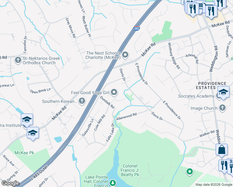 map of restaurants, bars, coffee shops, grocery stores, and more near 3326 Cole Mill Road in Charlotte