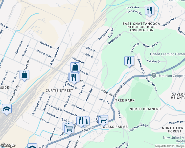 map of restaurants, bars, coffee shops, grocery stores, and more near 2310 Elmendorf Street in Chattanooga