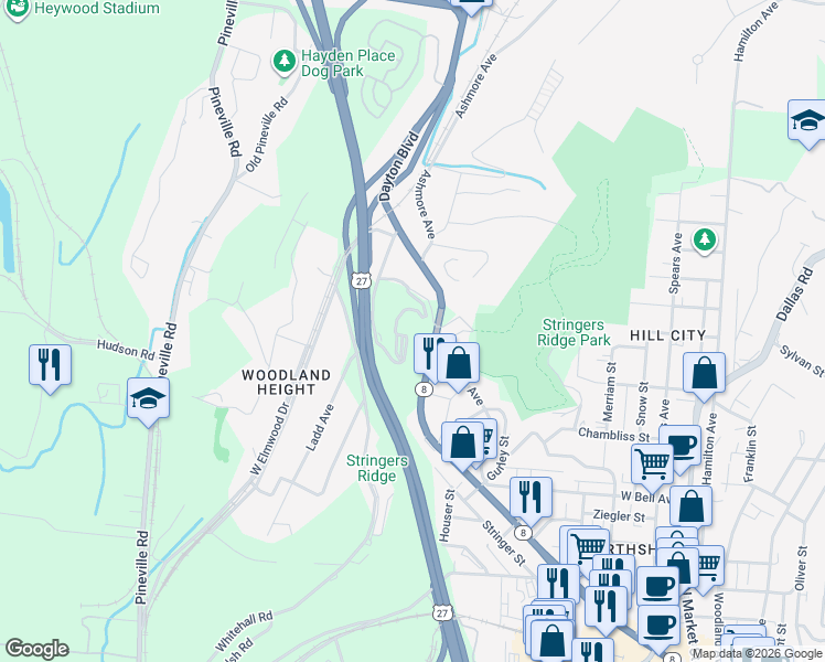 map of restaurants, bars, coffee shops, grocery stores, and more near 168 Whitehall Road in Chattanooga