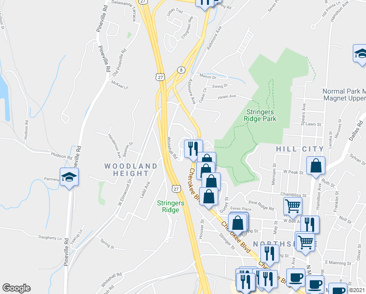 map of restaurants, bars, coffee shops, grocery stores, and more near 168 Whitehall Road in Chattanooga