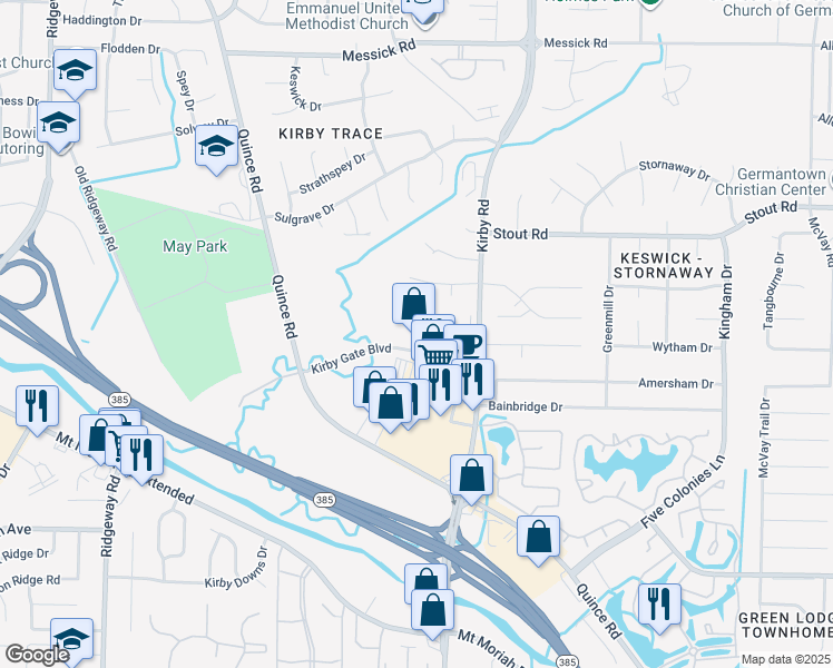 map of restaurants, bars, coffee shops, grocery stores, and more near Kirby Gate Boulevard in Memphis