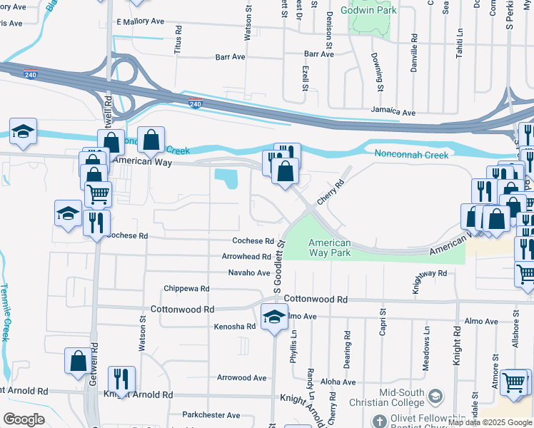 map of restaurants, bars, coffee shops, grocery stores, and more near 2760 Colony Park Drive in Memphis