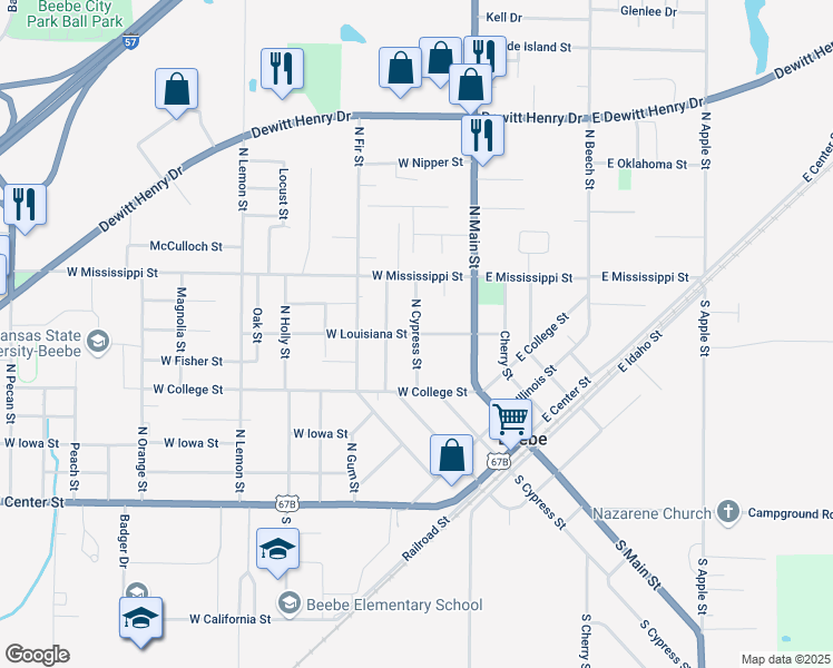 map of restaurants, bars, coffee shops, grocery stores, and more near North Cypress Street in Beebe