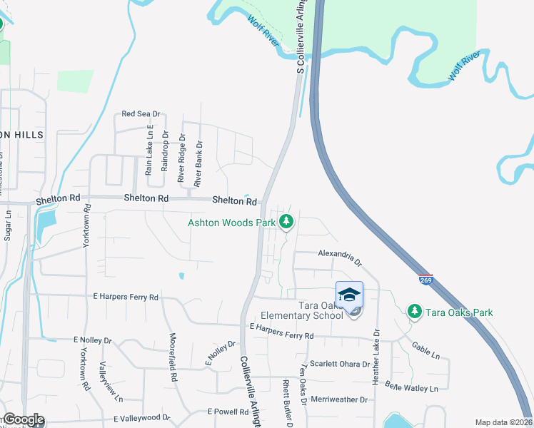 map of restaurants, bars, coffee shops, grocery stores, and more near 1266 South Collierville Arlington Road in Collierville