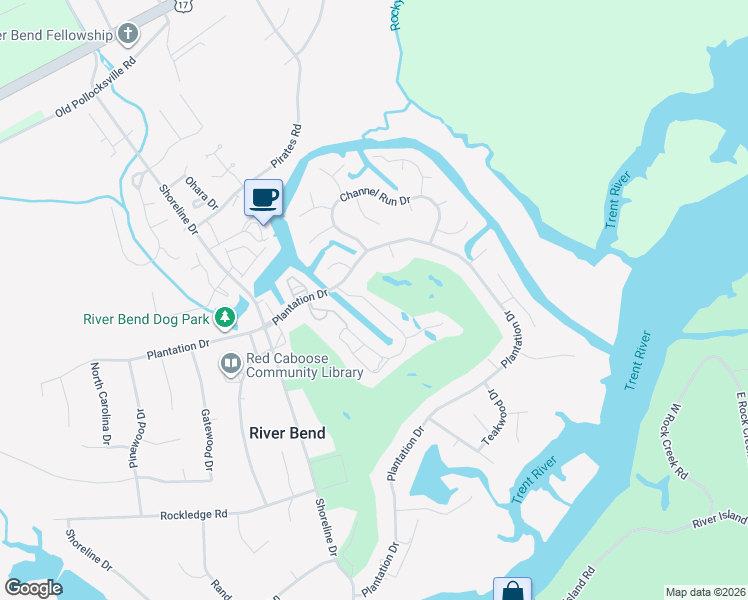 map of restaurants, bars, coffee shops, grocery stores, and more near 168 Quarterdeck Townhouses in New Bern