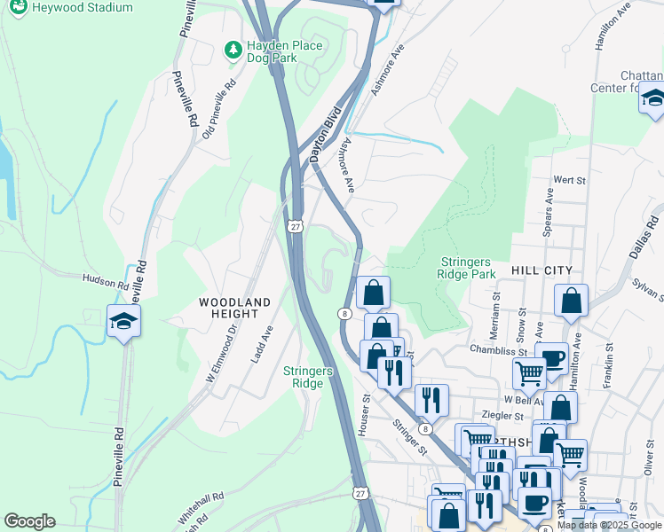 map of restaurants, bars, coffee shops, grocery stores, and more near 1131 Stringer Ridge Road in Chattanooga