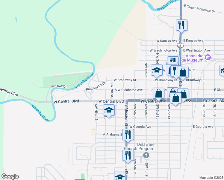 map of restaurants, bars, coffee shops, grocery stores, and more near 700 South West Oklahoma Avenue in Anadarko